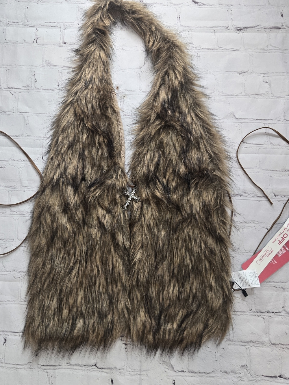 Faux Fur Brown Halter Vest Backless With Cross Detail Y2k Grunge Medium